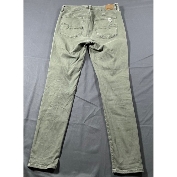American Eagle Hi-Rise Jegging Olive Green Distressed Super Stretch Jeans Sze 12 - Picture 8 of 11